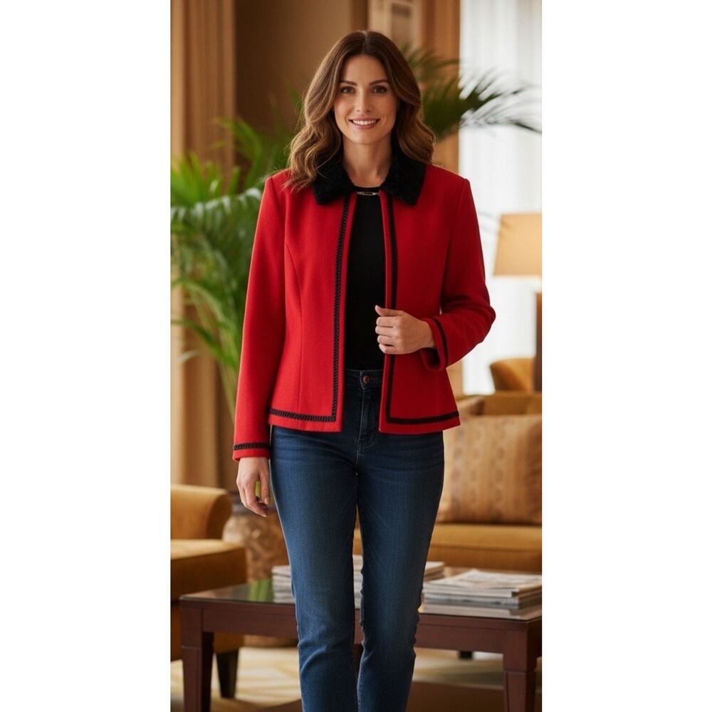 VTG Retro 60s 70s Lucia Lukken Red Coat Black Faux Fur Collar & Trim Size Medium